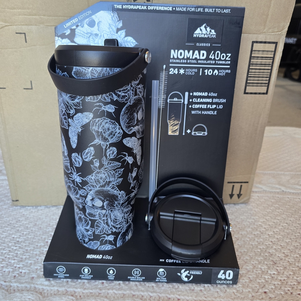 Hydrapeak Nomad 40oz Black Tumbler with Floral Skull Design